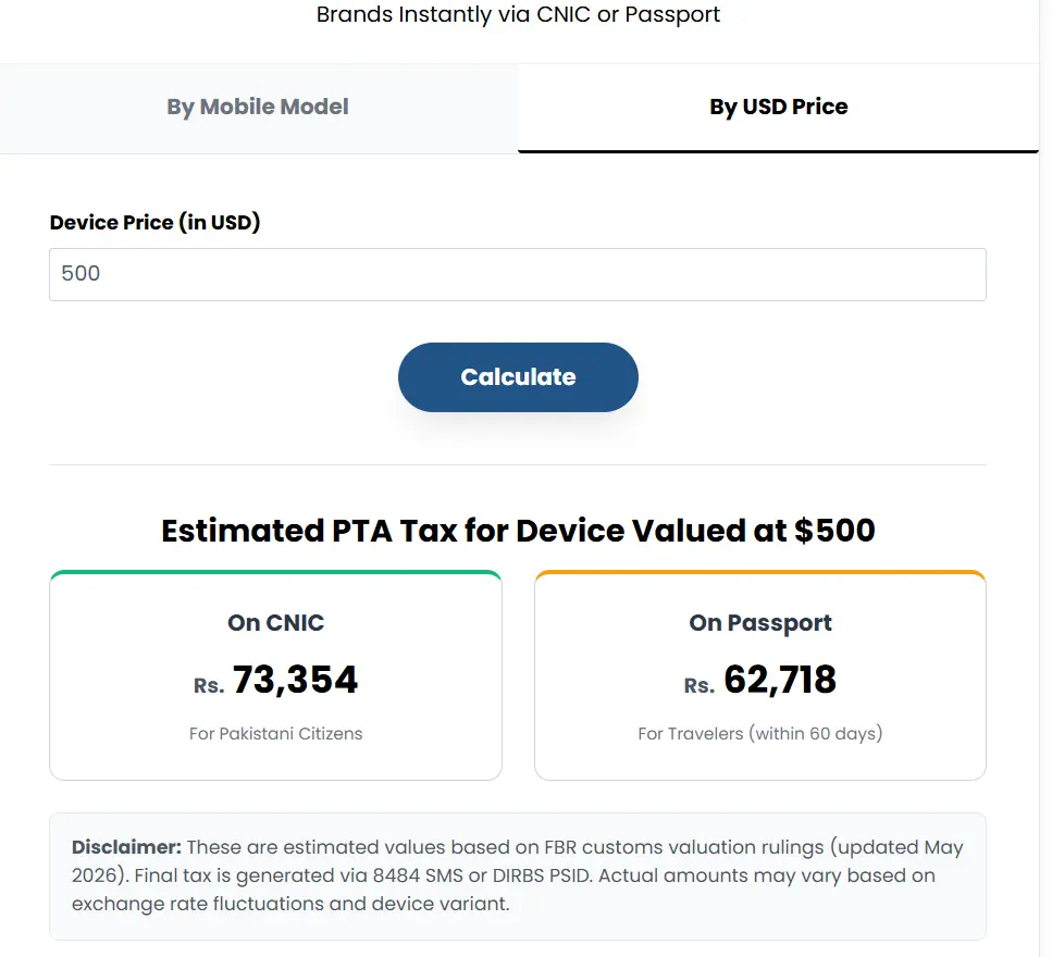 Calculating PTA Tax by entering price of mobile