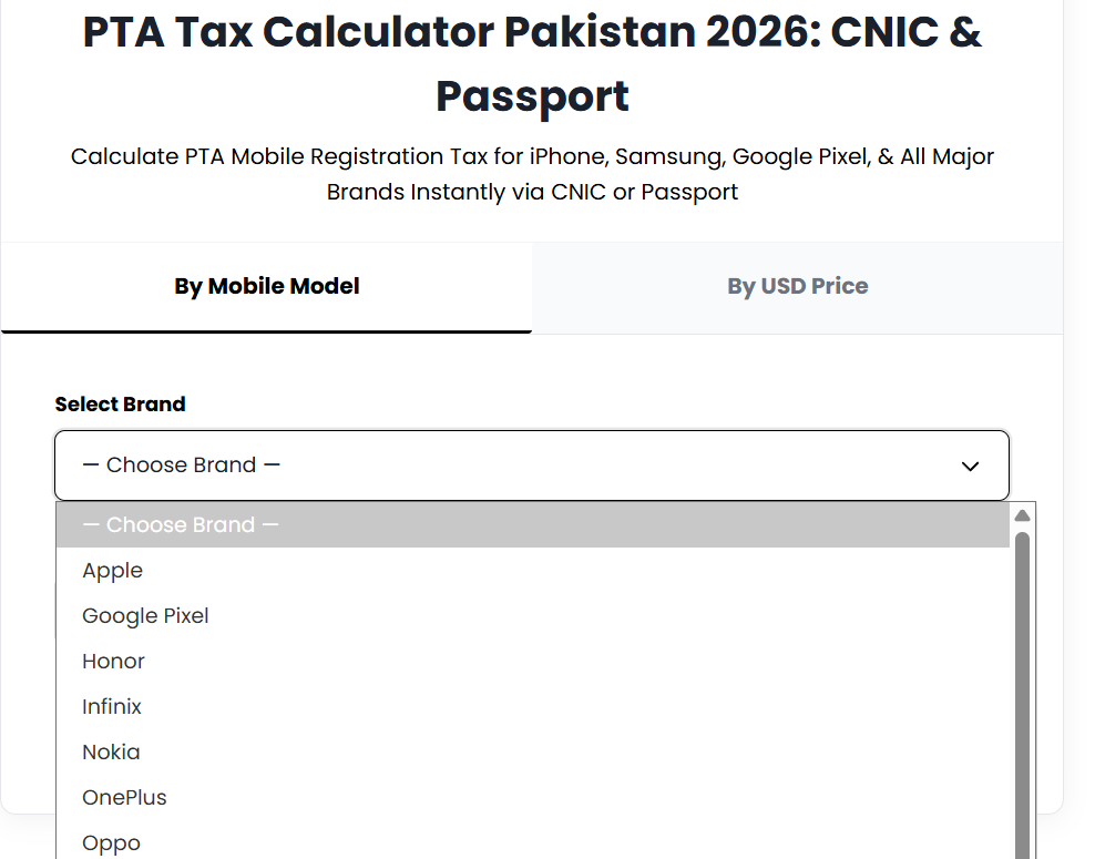 Select Mobile Brand in PTA Tax Calculator