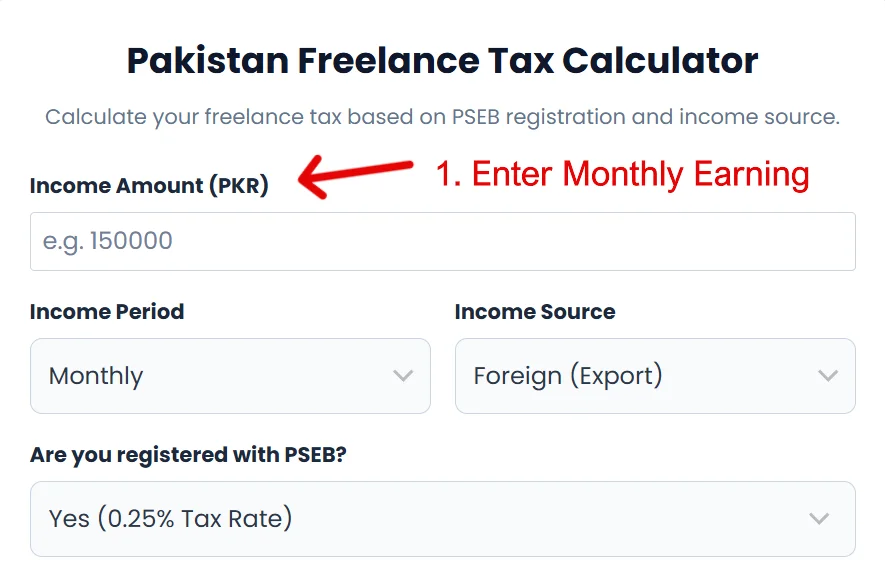 A close-up view of a user entering their monthly incomeinto a digital freelance tax calculator field.