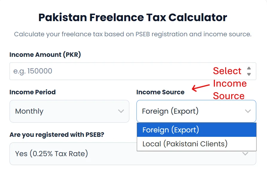 A dropdown menu in a tax tool showing options for foreign export income and local client payments for freelancers.
