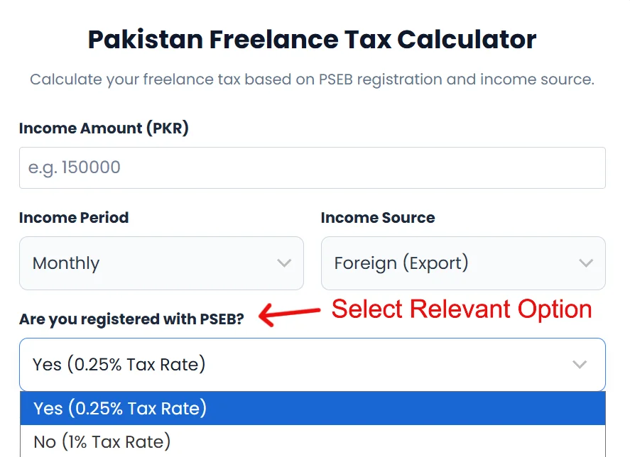 An interface toggle for PSEB registration status used to calculate the 0.25 percent discounted tax rate for IT freelancers.