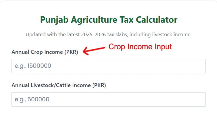 User entering annual crop earnings into the Punjab Agriculture Tax Calculator for 2026.