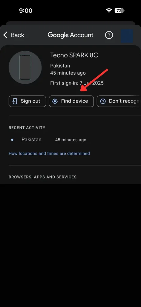 Click "Find a device" (or "Find My Device").
