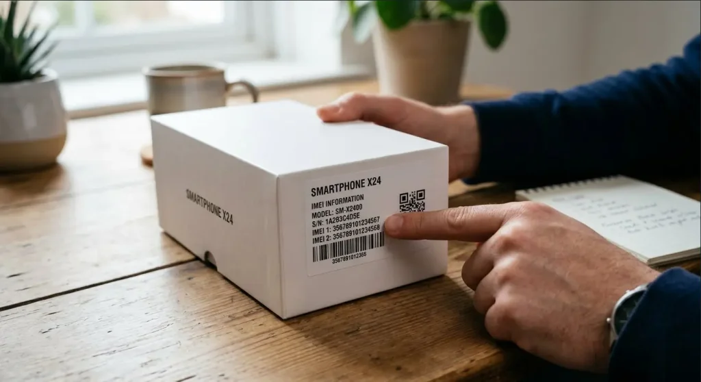 Person checking smartphone box IMEI label with model number, serial number, and QR code on wooden desk