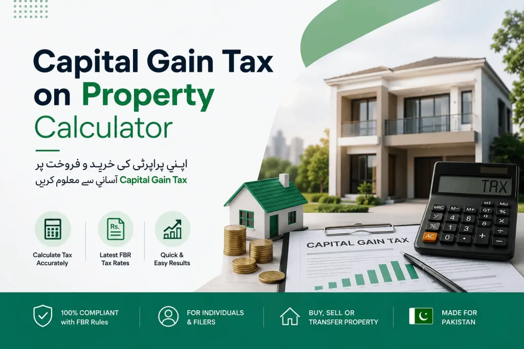 Free Capital Gain Tax on Properties Calculator Pakistan. Enter your gain, holding period, and filer status to get an instant CGT estimate.